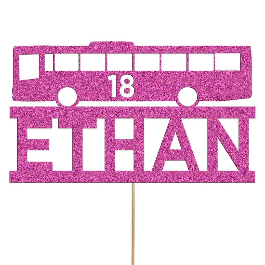 Personalised Glitter Bus Cake Topper: Custom Name & Age