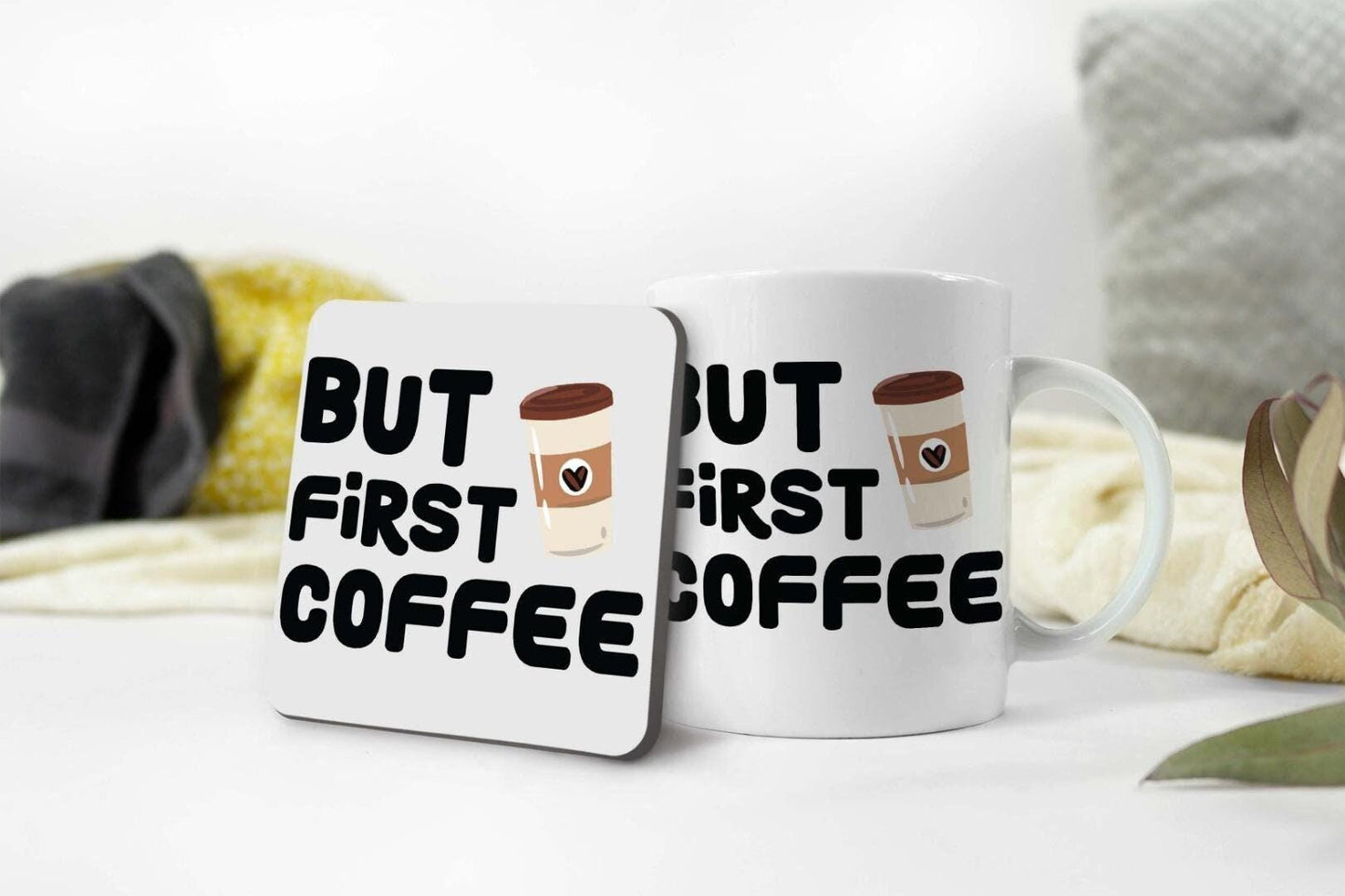 But First Coffee Mug & Coaster Gift Set Novelty Funny Office Mug Tea Coffee Cup Gift