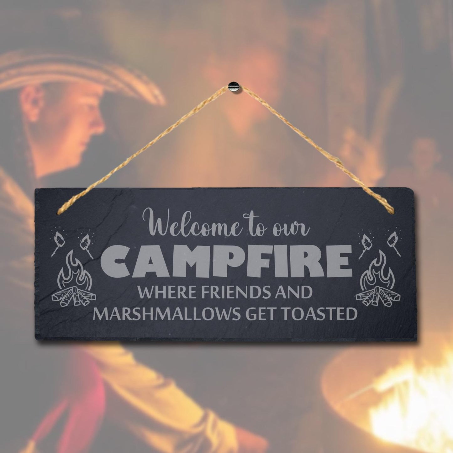 Welcome To Our Campfire Where Friends Marshmellow Engraved Hanging Slate Sign