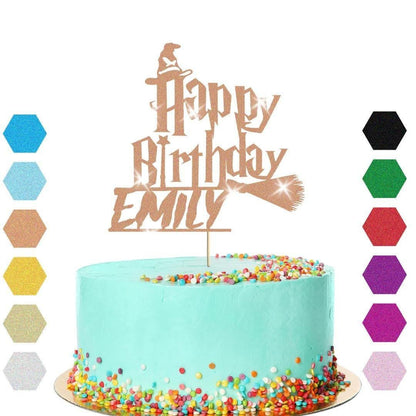 Witch Broomstick Glitter Cake Topper Personalised Halloween Birthday Decoration