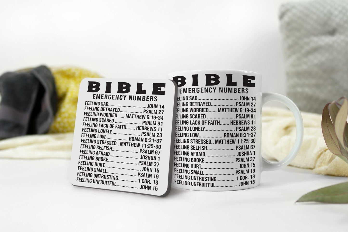 Bible Emergency Numbers Mug & Coaster Set - Christian Gift