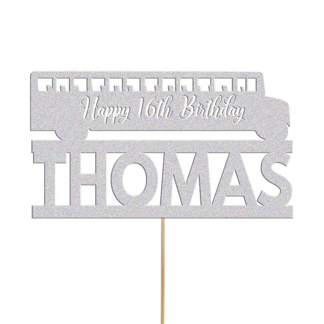 Personalised Glitter Bus Cake Topper: Custom Name & Age
