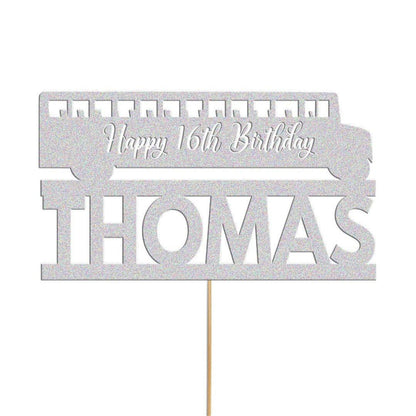 Personalised Glitter Bus Cake Topper: Custom Name & Age