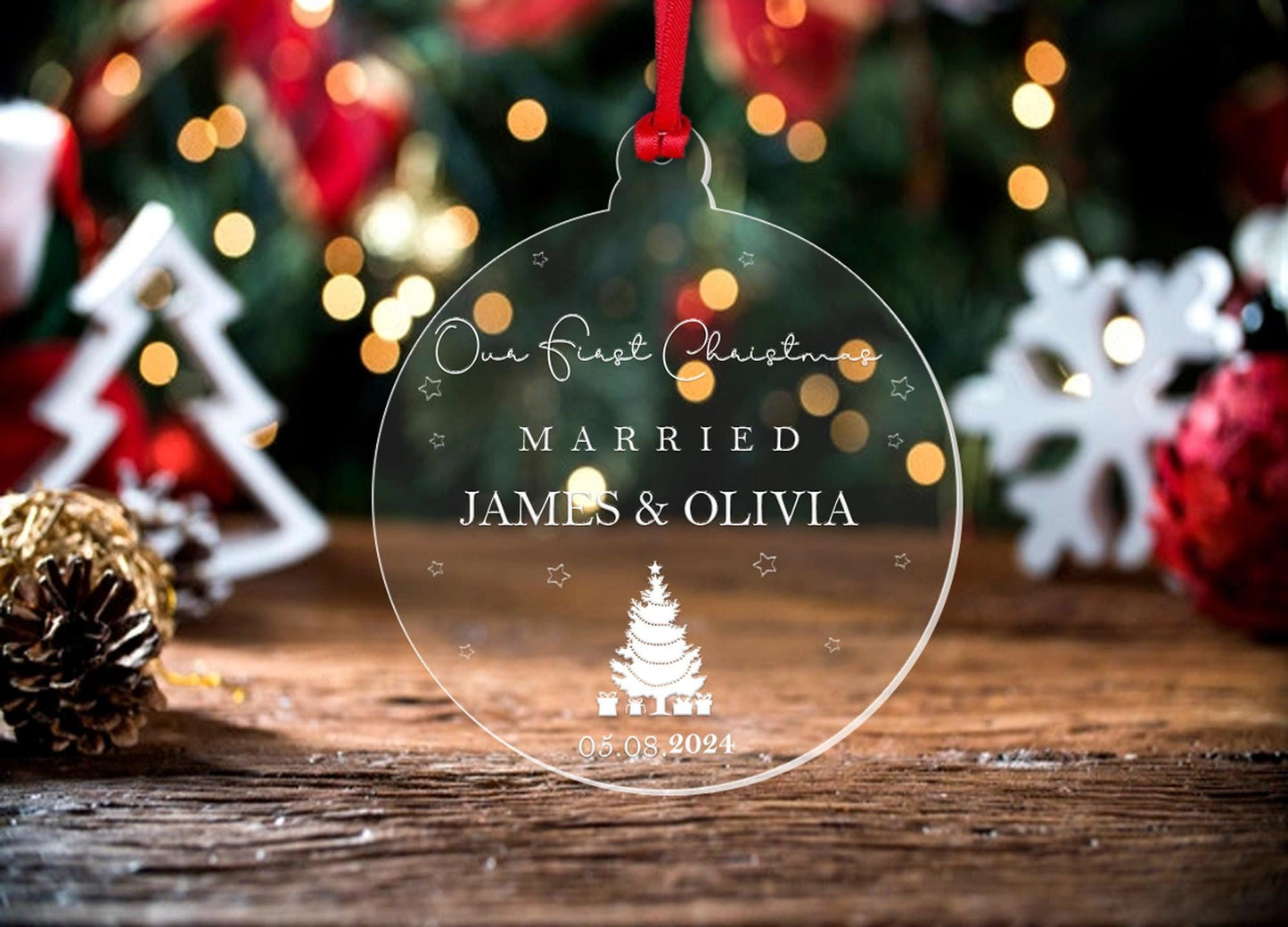 Personalised First Christmas Married Bauble: Acrylic Keepsake Gift