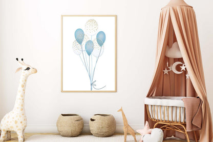Blue Balloons Boys Boho Watercolour Hand Painted Effect Nursery Wall Art Poster