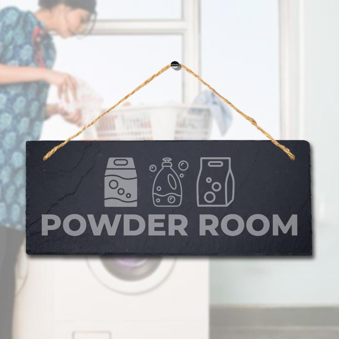 Powder Room Laser Engraved Hanging Slate Laundry Store Rustic Door Plaque Sign