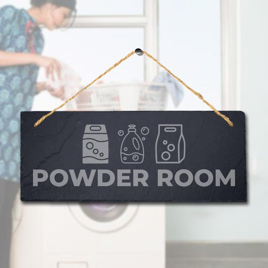 Powder Room Laser Engraved Hanging Slate Laundry Store Rustic Door Plaque Sign