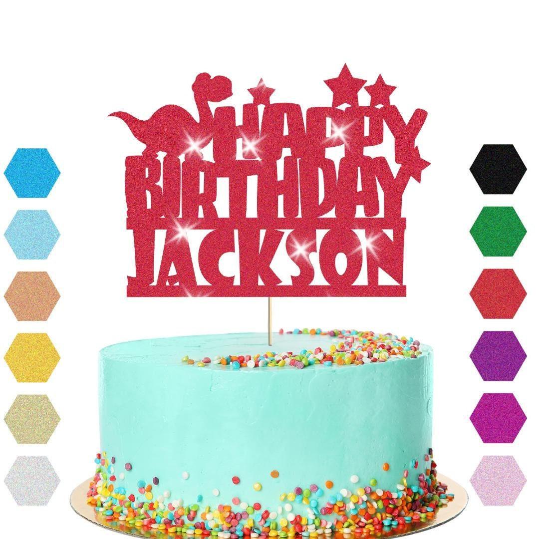 Personalised Dinosaur Glitter Happy Birthday Cake Topper Dino Party Decoration