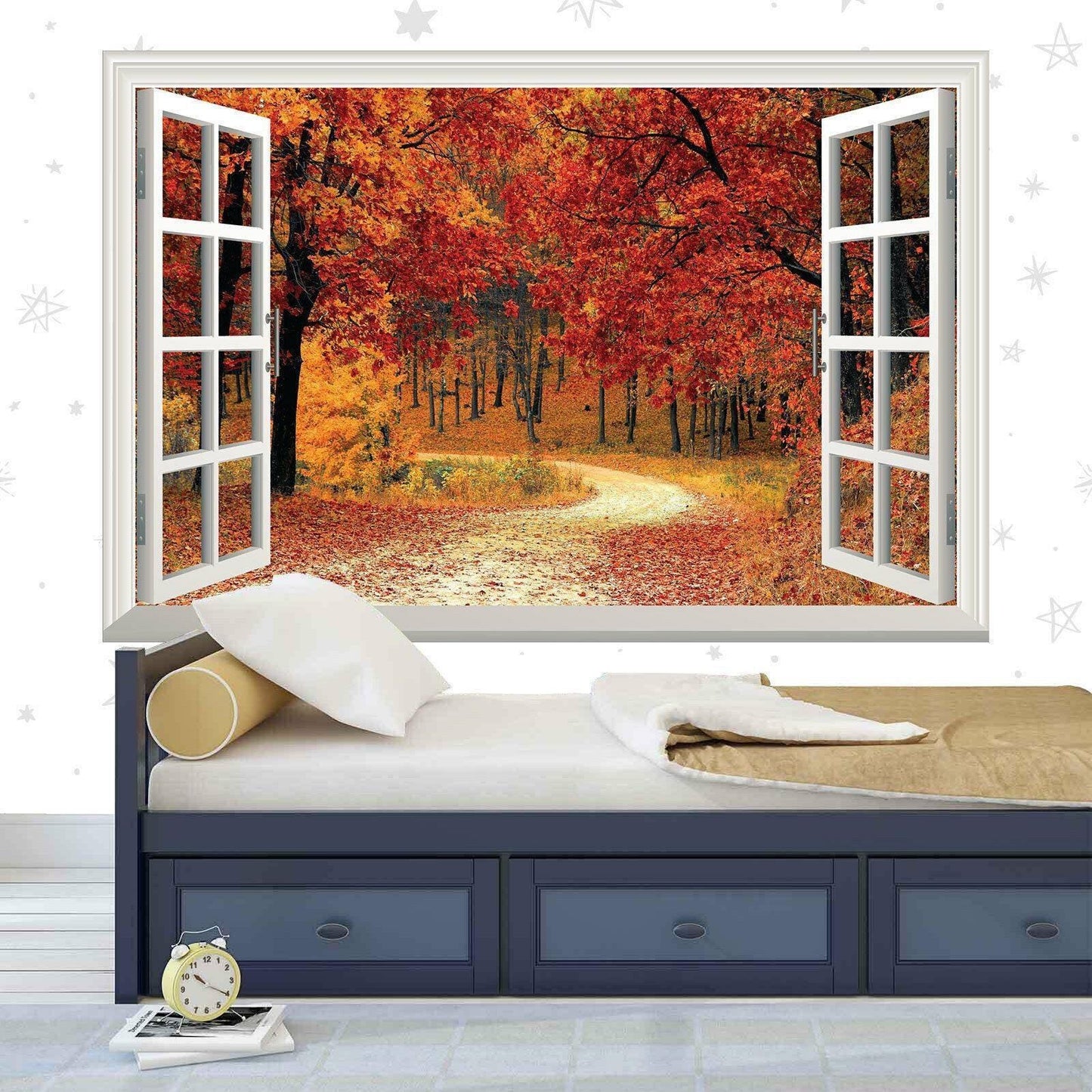 Autumn Forest Window View Wall Decal: Self-Adhesive Vinyl Mural