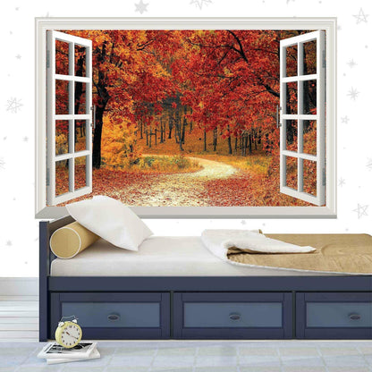 Autumn Forest Window View Wall Decal: Self-Adhesive Vinyl Mural