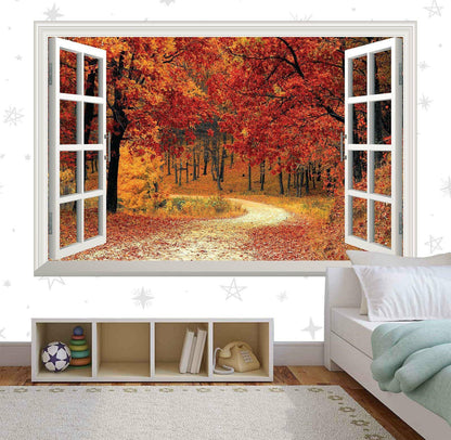 Autumn Forest Window View Wall Decal: Self-Adhesive Vinyl Mural