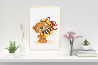 Teddy Bear Chocolate Gift Art Print: Scandinavian Nursery Decor