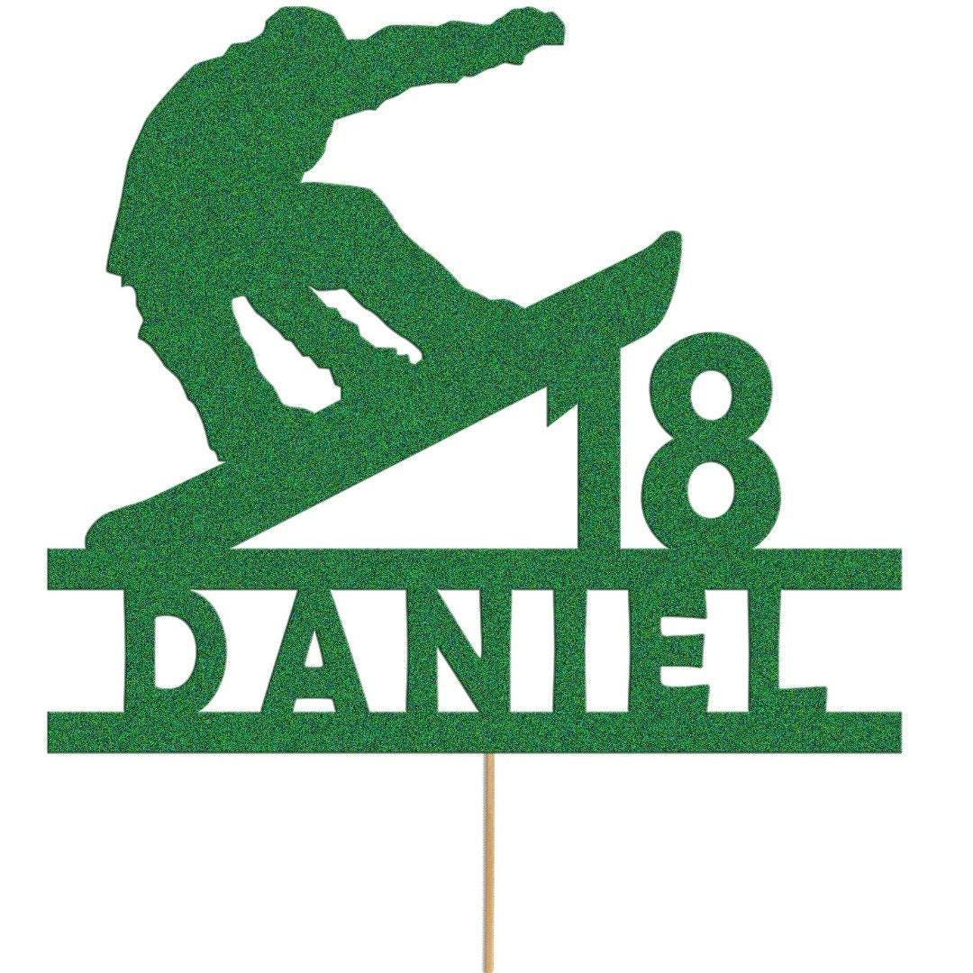 Personalised Skier Birthday Cake Topper: Glitter Party Decor
