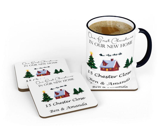 Personalised First Christmas New Home Mug & Coaster Set Couple Gift For Christmas