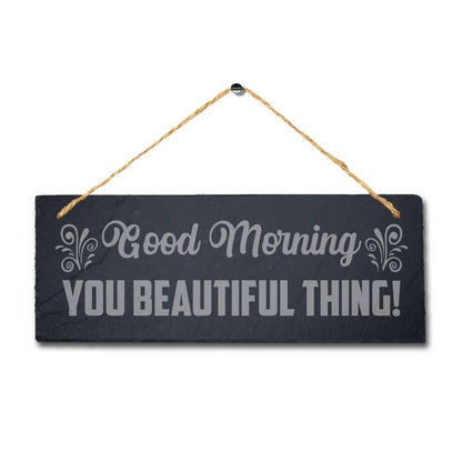 Good Morning Slate Sign: Engraved Wall Art with Jute Rope