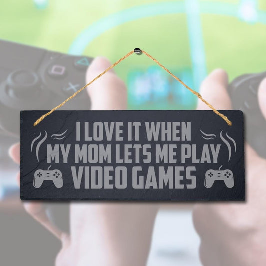 Love Mom Allow Play Video Games Engraved Hanging Slate Gamer Room Plaque Sign