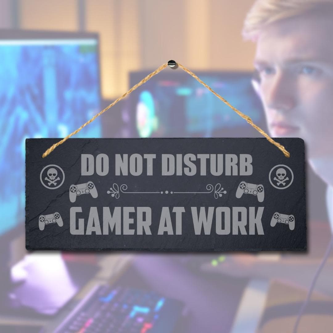 Do Not Disturb Gamer At Work Laser Engraved Hanging Slate Door Home Plaque Sign