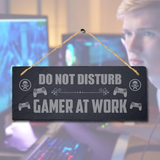 Do Not Disturb Gamer At Work Laser Engraved Hanging Slate Door Home Plaque Sign