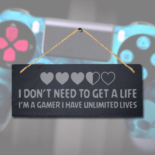 Life Gamer Laser Engraved Hanging Slate Gaming Home Room Door Funny Plaque Sign