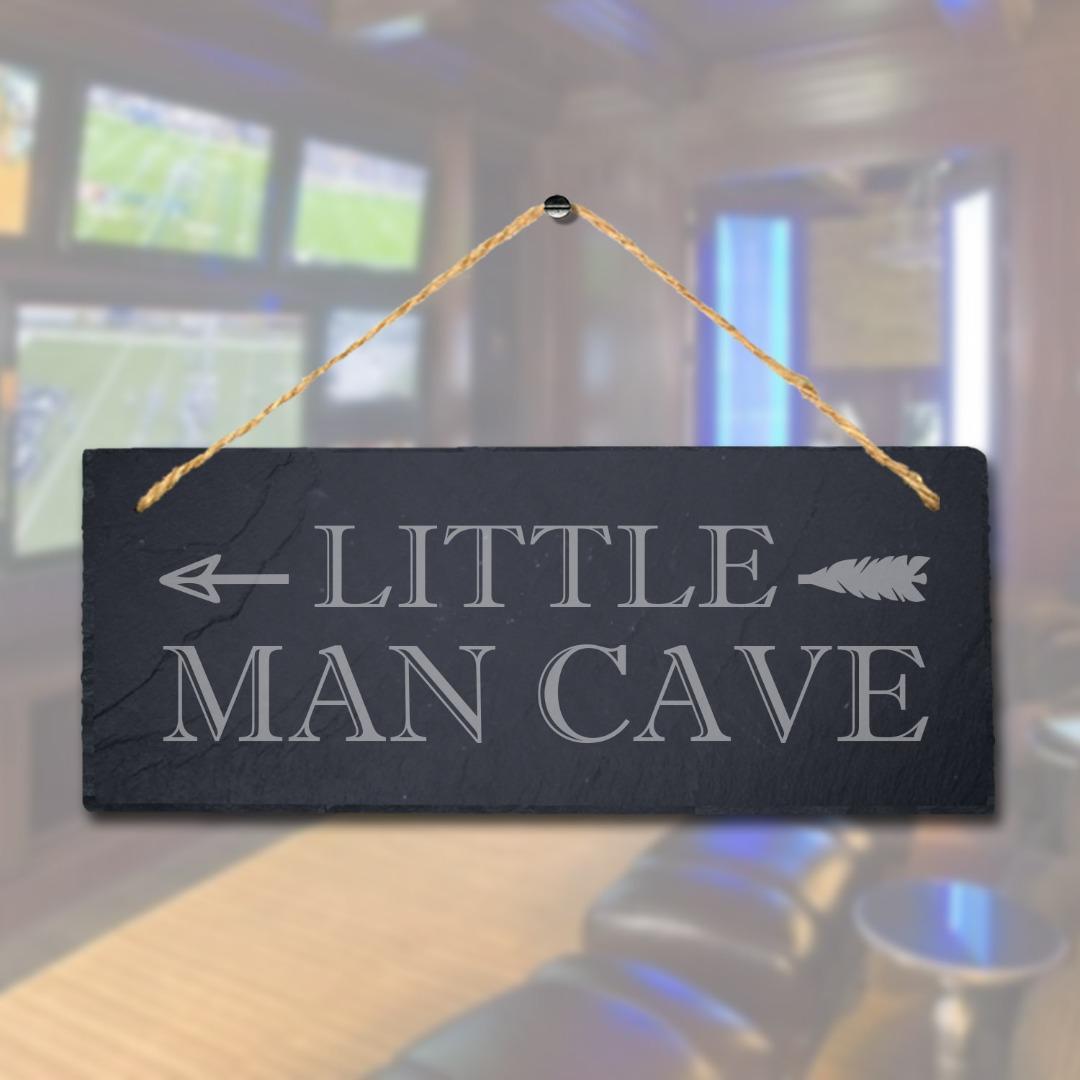 Little Man Cave Left Arrow Direction Laser Engraved Hanging Slate Bar Plaque Sign