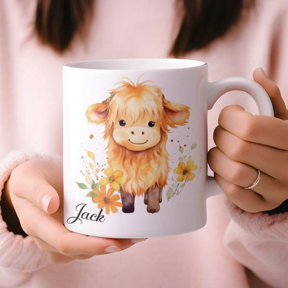 Custom Highland Cow Personalised Mug & Coaster Set Fluffy Cow Design Birthday Christmas Gifts