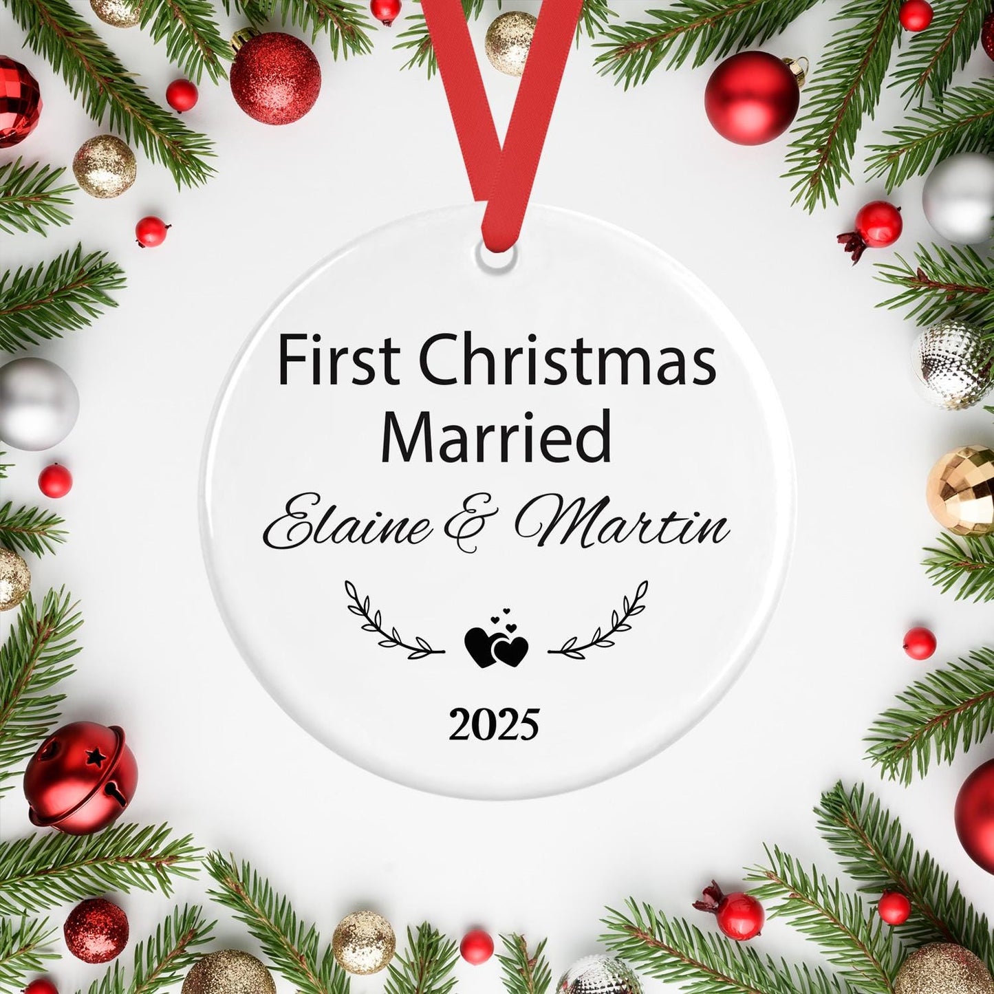 First Christmas As Married Bauble Personalised Names Ceramic Hanging Ornament