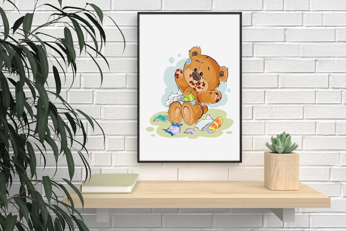 Hungry Teddy Bear Art Print: Scandinavian Nursery Decor