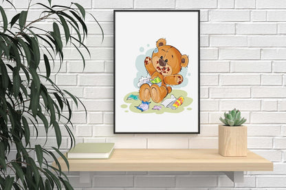 Hungry Teddy Bear Art Print: Scandinavian Nursery Decor