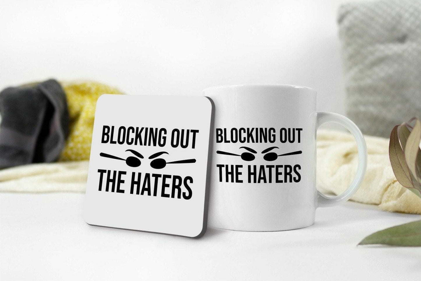 Blocking Out The Haters Ceramic Novelty Mug & Coaster Coffee Tea Cup Office Workspace Gift