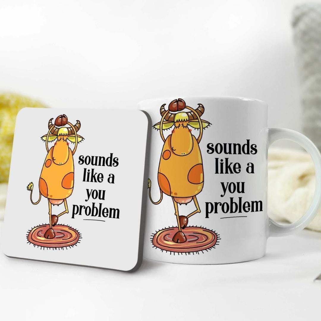 Funny Cow Coffee Mug & Coaster Set, Joke Cup, Office Gift