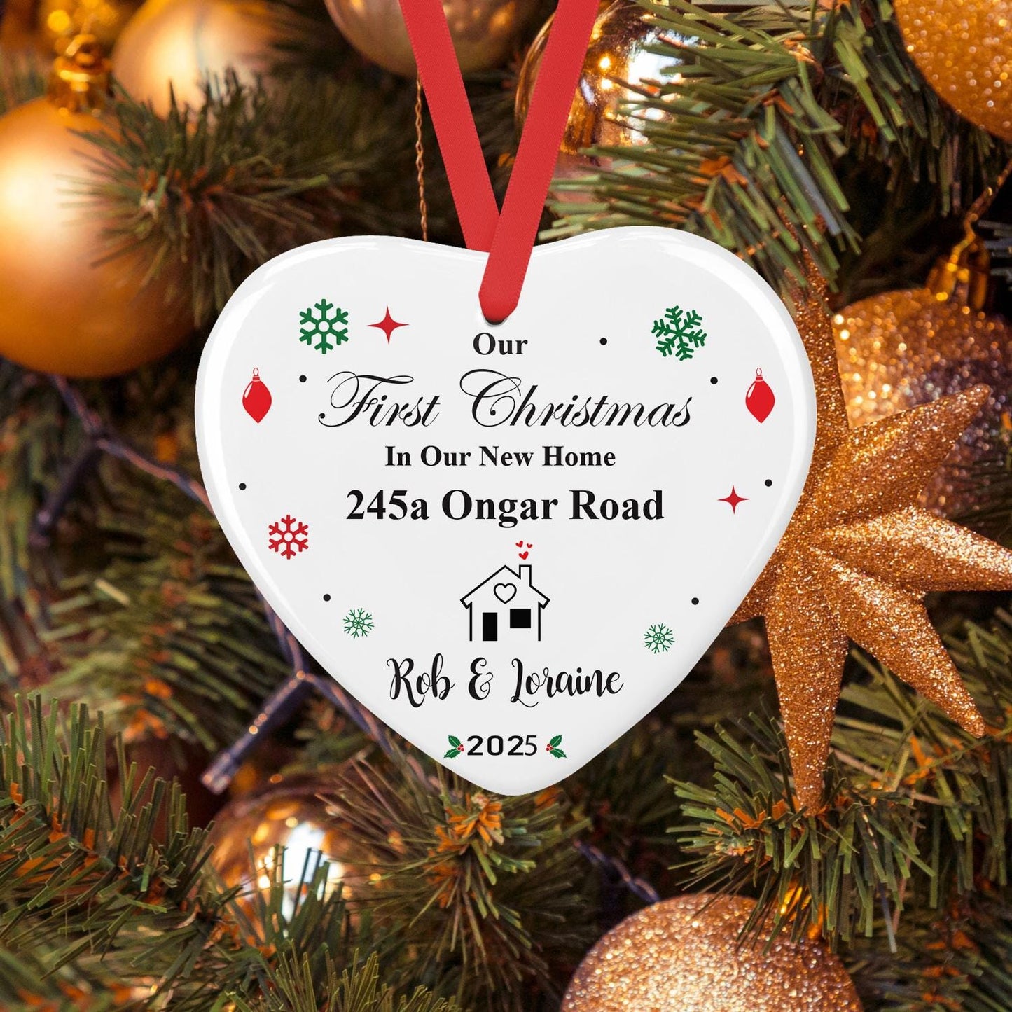 Personalised First Christmas In New Home Ceramic Bauble Ornament