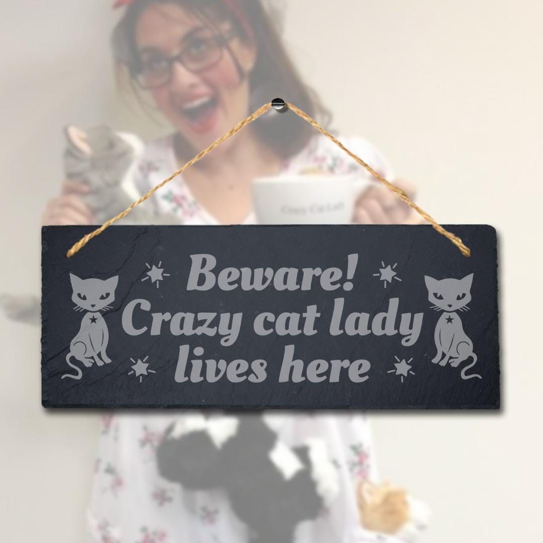 Beware Crazy Cat Lady Lives Here Laser Engraved Hanging Slate Pet Plaque Sign