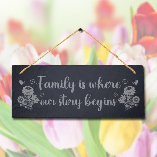 Family Where Our Story Begin Laser Engraved Hanging Slate Home Decor Plaque Sign
