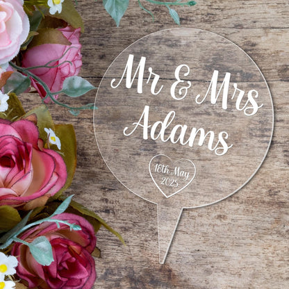 Personalised Mr & Mrs Wedding Cake Topper Engraved Acrylic Circle Decoration
