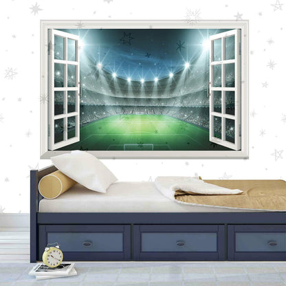 Football Stadium 3D Window View Wall Decal: Sports Bedroom Mural