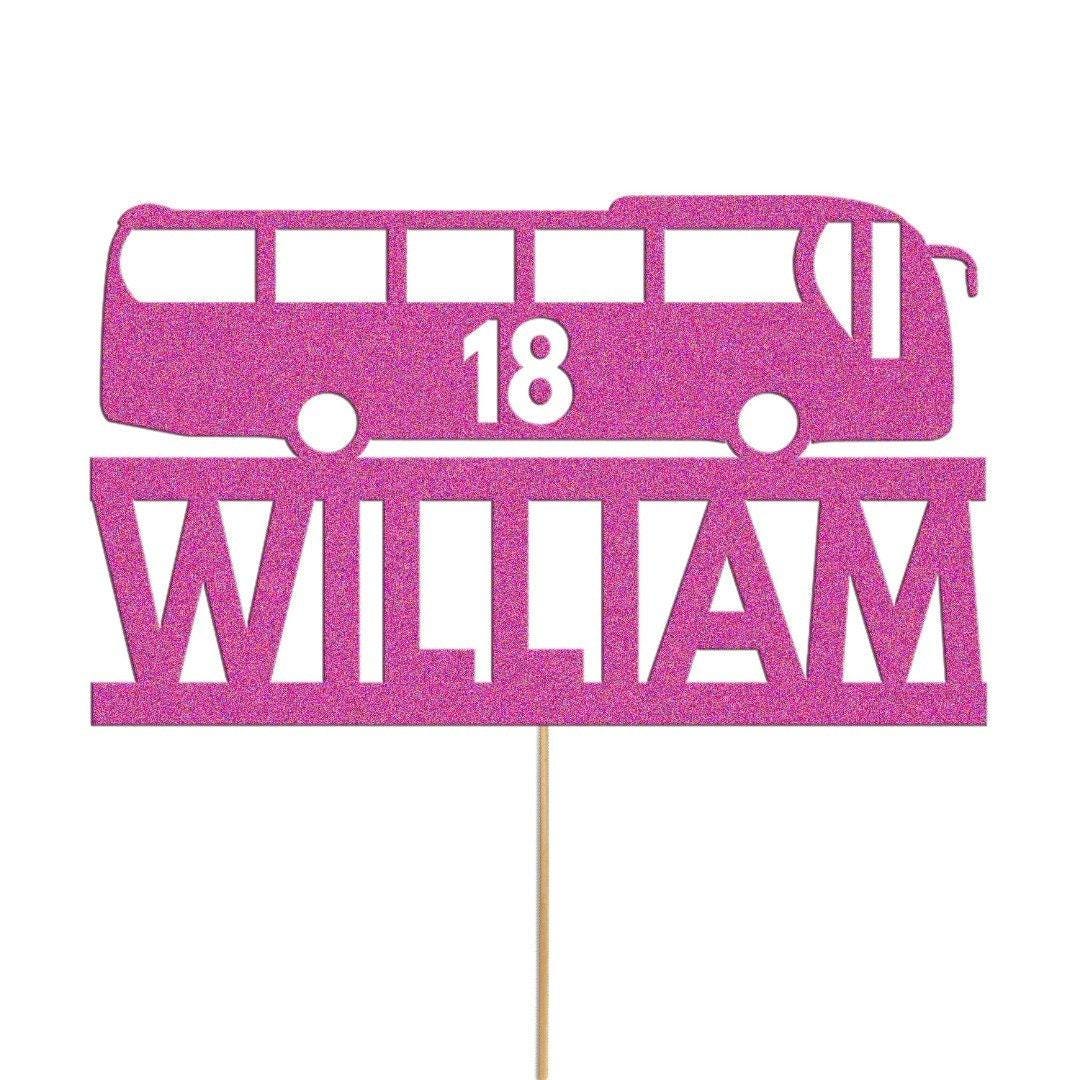 Personalised Glitter Bus Cake Topper: Custom Name & Age