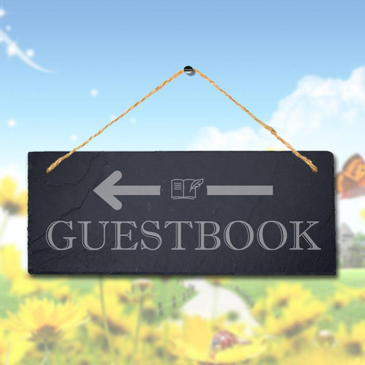 Guest Book Right Way Arrow Engraved Hanging Slate Wedding Venue Plaque Sign