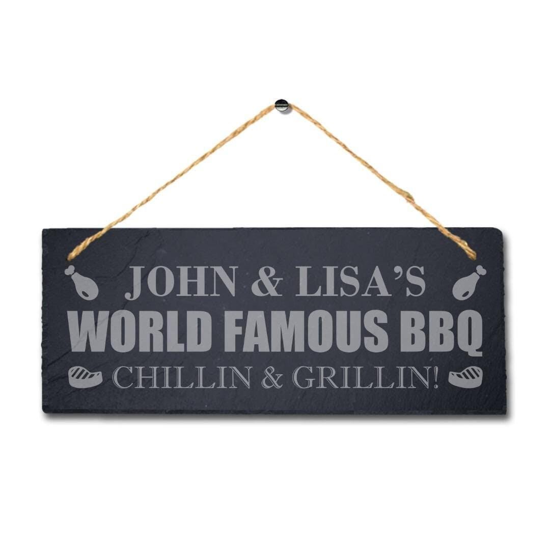 Personalised World Famous Bbq Laser Engraved Hanging Slate Party Plaque Sign
