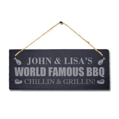 Personalised World Famous Bbq Laser Engraved Hanging Slate Party Plaque Sign