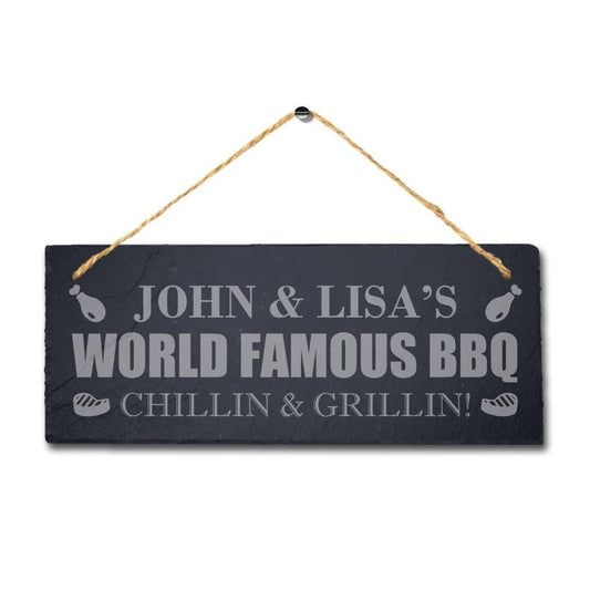 Personalised World Famous Bbq Laser Engraved Hanging Slate Party Plaque Sign