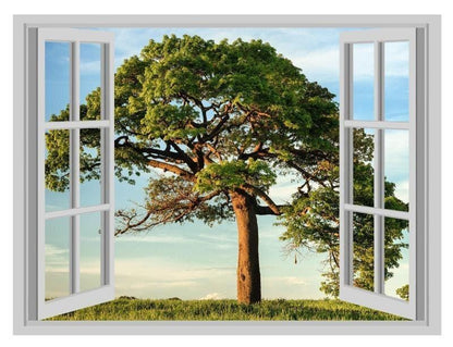 3D Tree Window Wall Sticker: Serene Nature View, Vinyl Decor