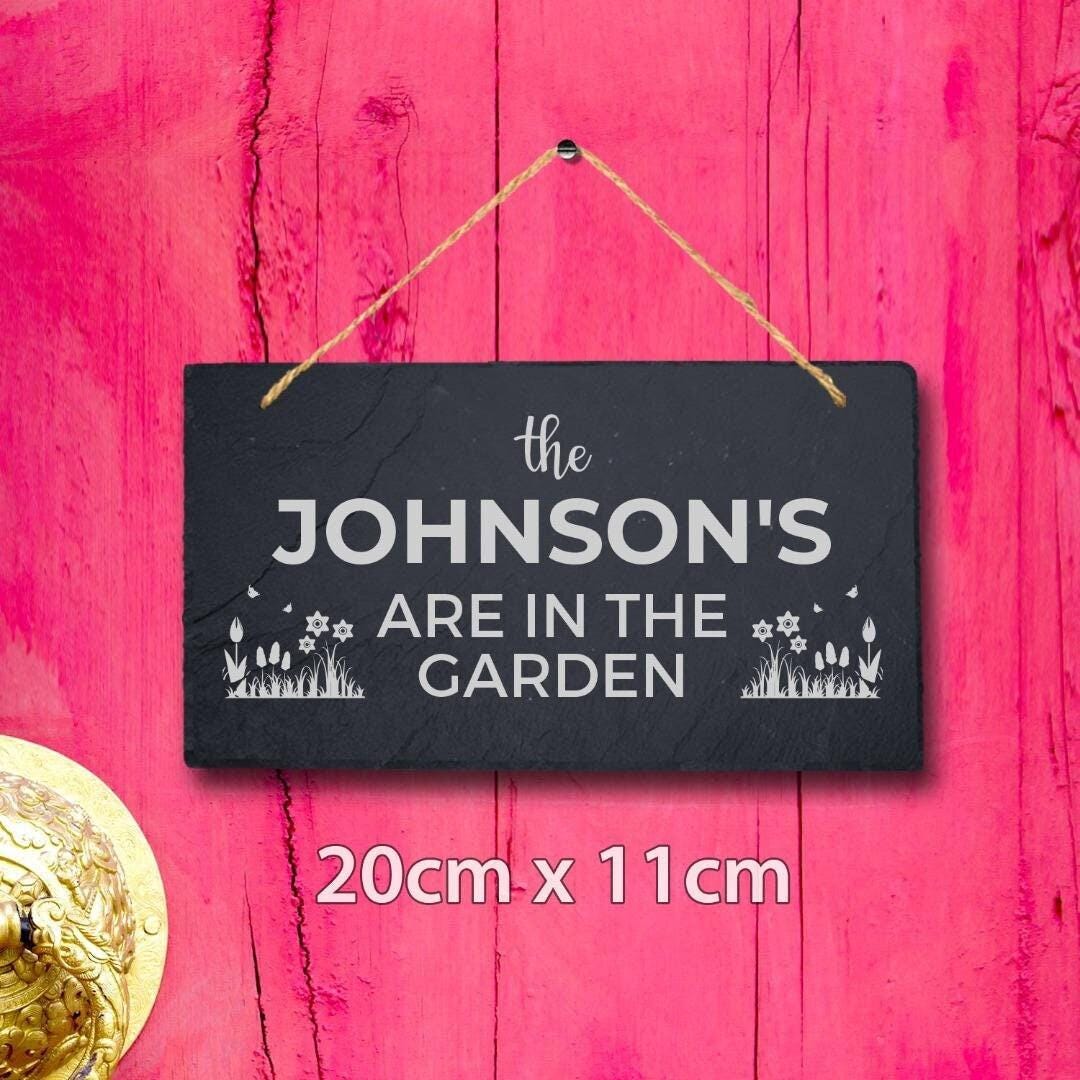 Personalised In The Garden Family Name Hanging Slate Engraved Sign Plaque