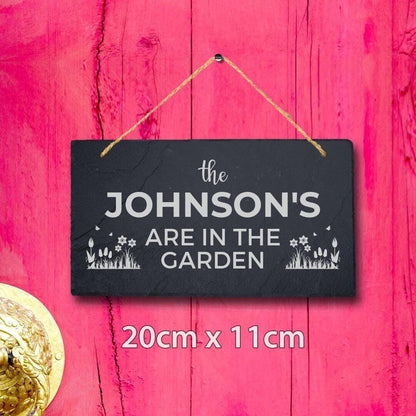 Personalised In The Garden Family Name Hanging Slate Engraved Sign Plaque