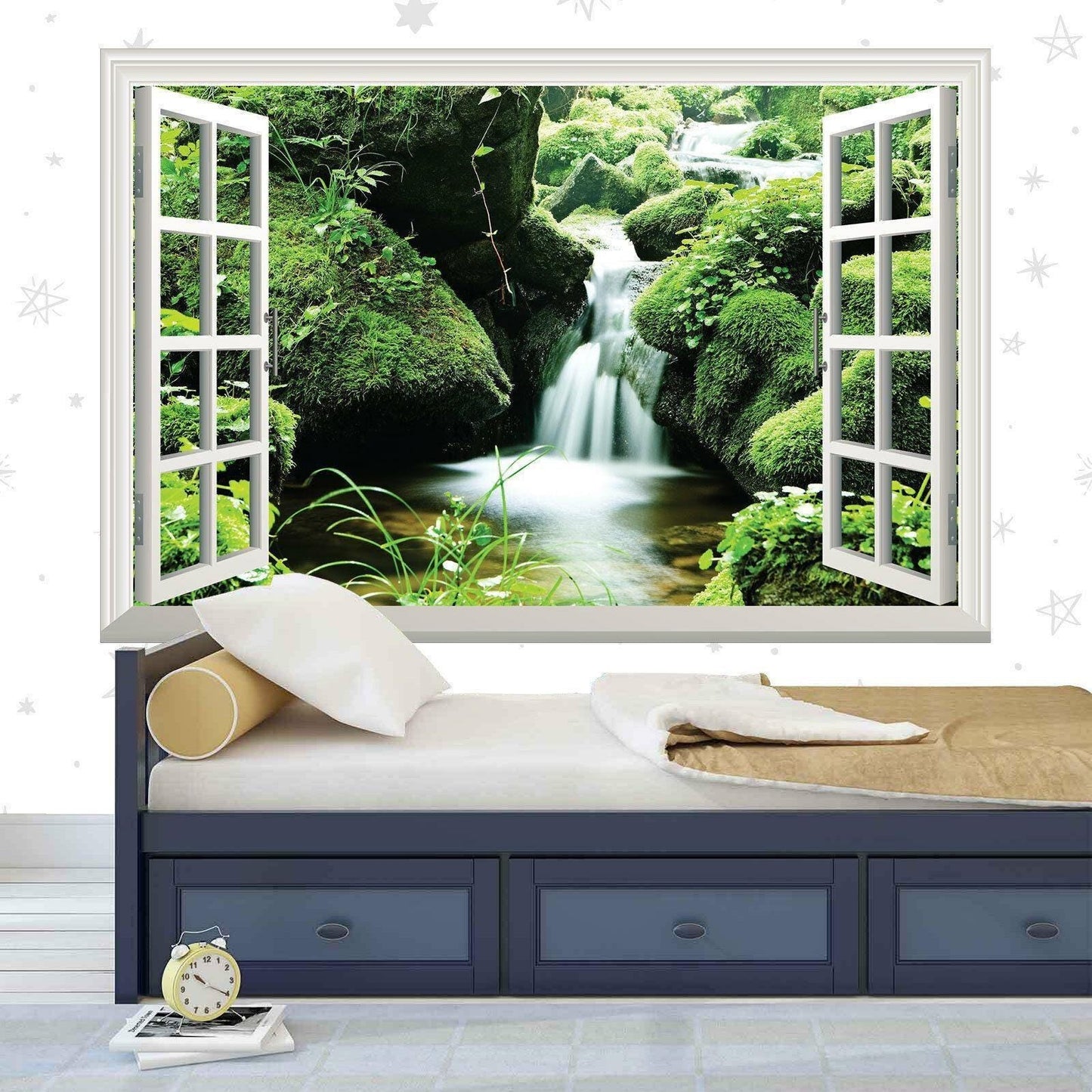 3D Waterfall Window View Wall Decal: Green Forest Mural