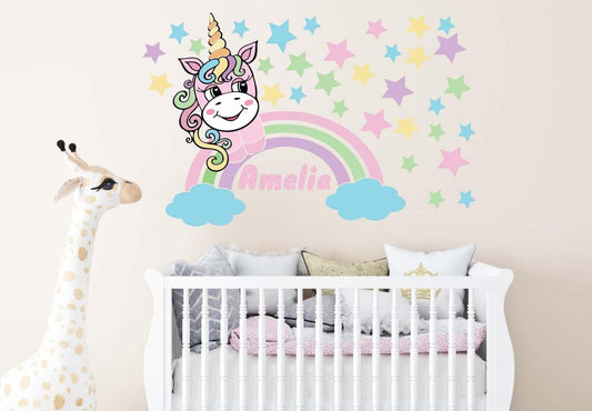 Unicorn Wall Sticker Personalised Name Girls Bedroom Nursery Kids Rainbow Vinyl