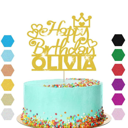 Personalised Princess Crown Glitter Happy Birthday Cake Topper Party Decoration
