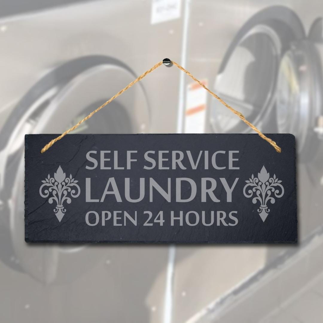 Self Service Laundry Laser Engraved Hanging Slate Washing Rustic Plaque Sign