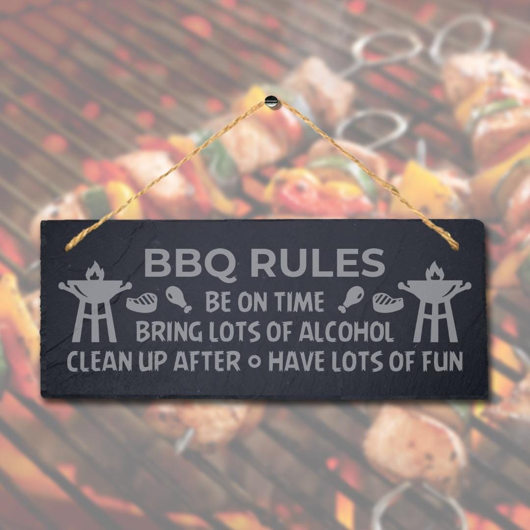 Bbq Rules Be On Time Laser Engraved Hanging Slate Food Party Home Plaque Sign