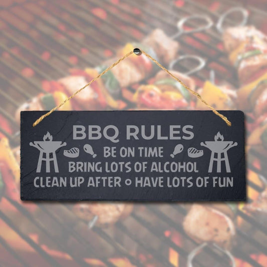 Bbq Rules Be On Time Laser Engraved Hanging Slate Food Party Home Plaque Sign