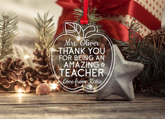 Personalised Teacher Christmas Bauble: Laser Engraved Acrylic Apple Ornament